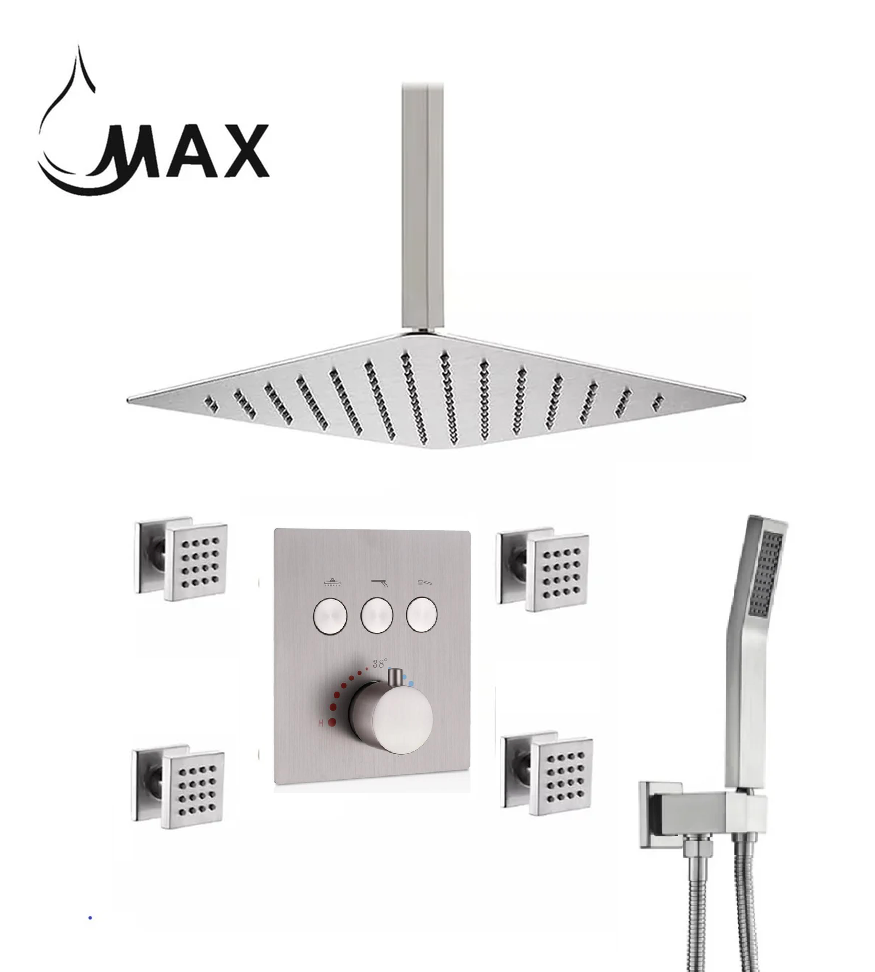 Ceiling Thermostatic Shower System Three Function Handheld With 4 Body Jets and Valve Brushed Nickel