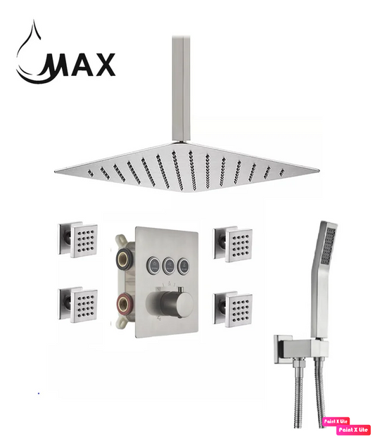 Ceiling Thermostatic Shower System Three Function Handheld With 4 Body Jets and Valve Brushed Nickel