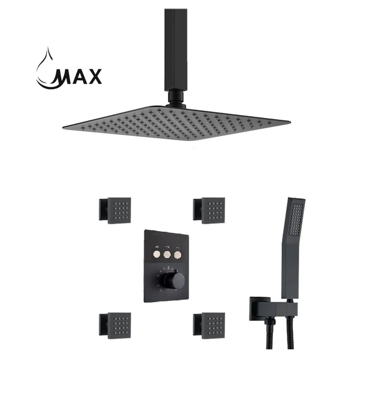 Ceiling Thermostatic Shower System Three Function Handheld With 4 Body Jets and Valve Matte Black Finish