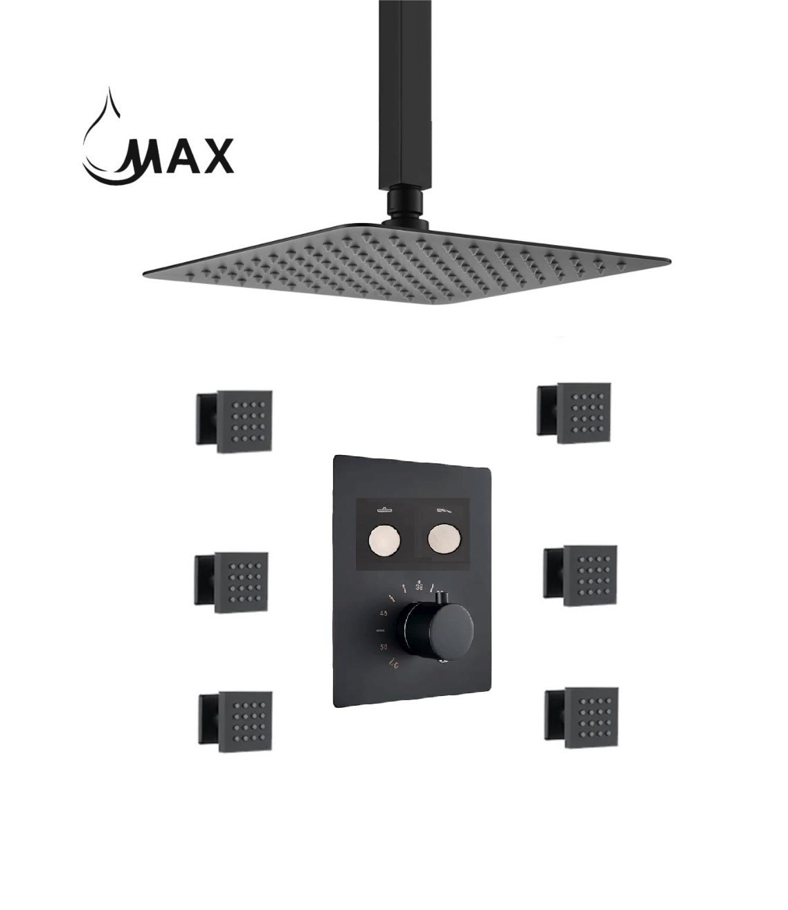 Ceiling Thermostatic Shower System Two Function With 6 Body Jets and Valve Matte Black Finis