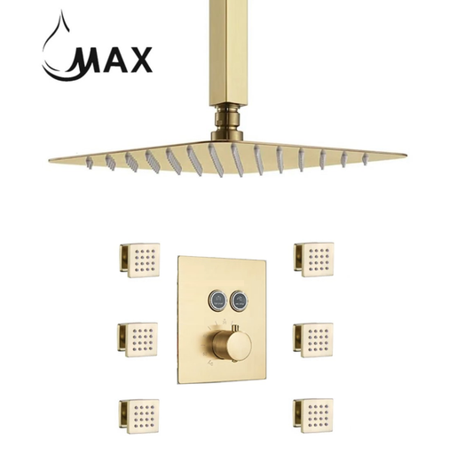Ceiling Thermostatic Shower System Two Function With 6 Body Jets and Valve Brushed Gold Finish