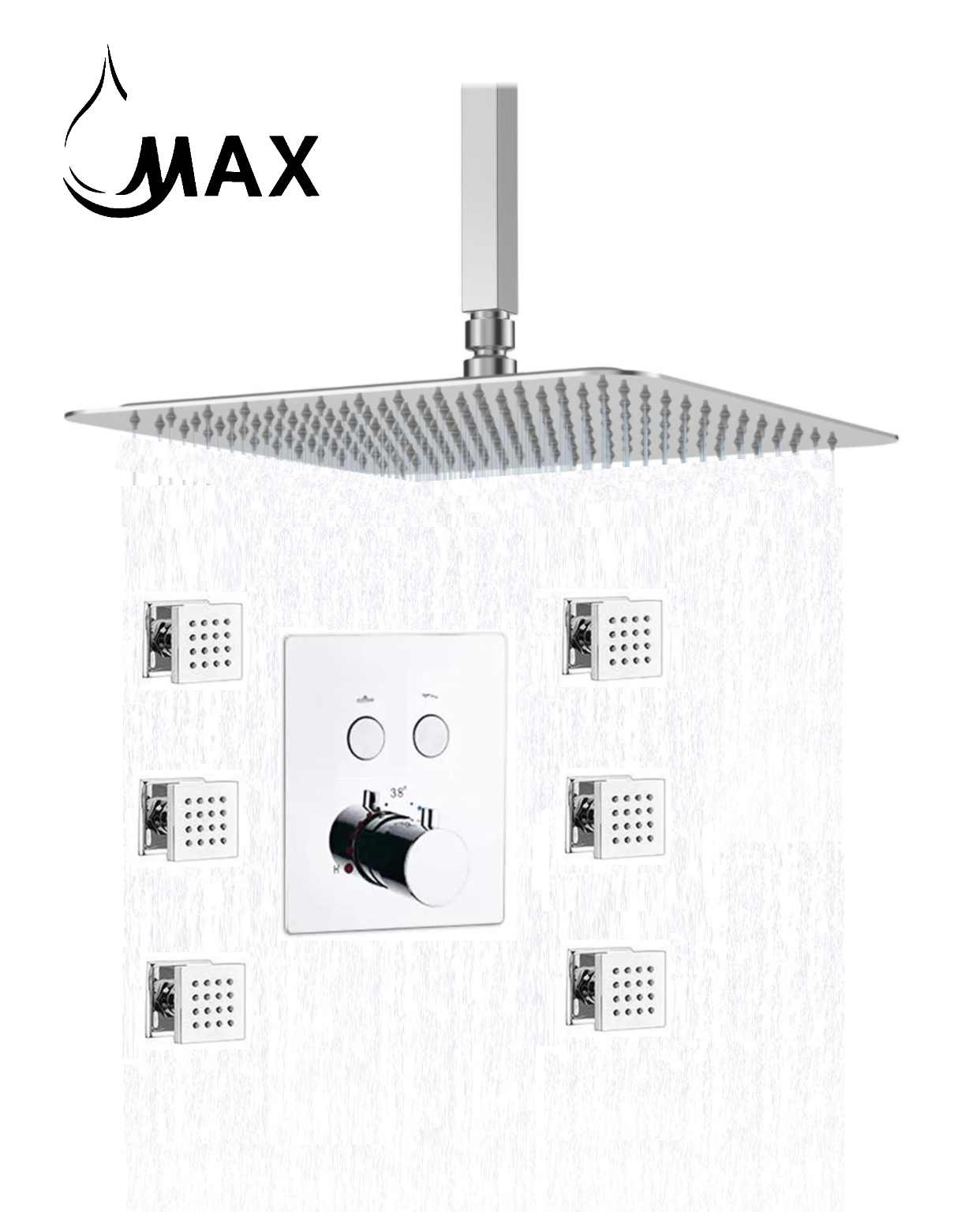 Ceiling Thermostatic Shower System Two Function With 6 Body Jets and Valve Chrome Finish