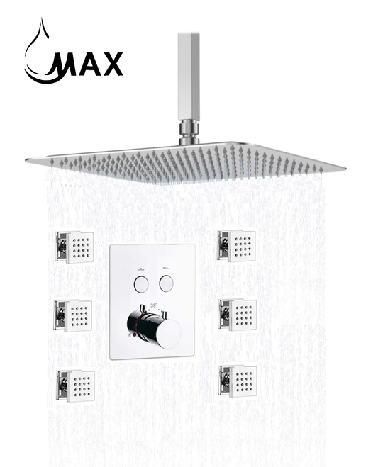 Ceiling Thermostatic Shower System Two Function With 6 Body Jets and Valve Chrome Finish