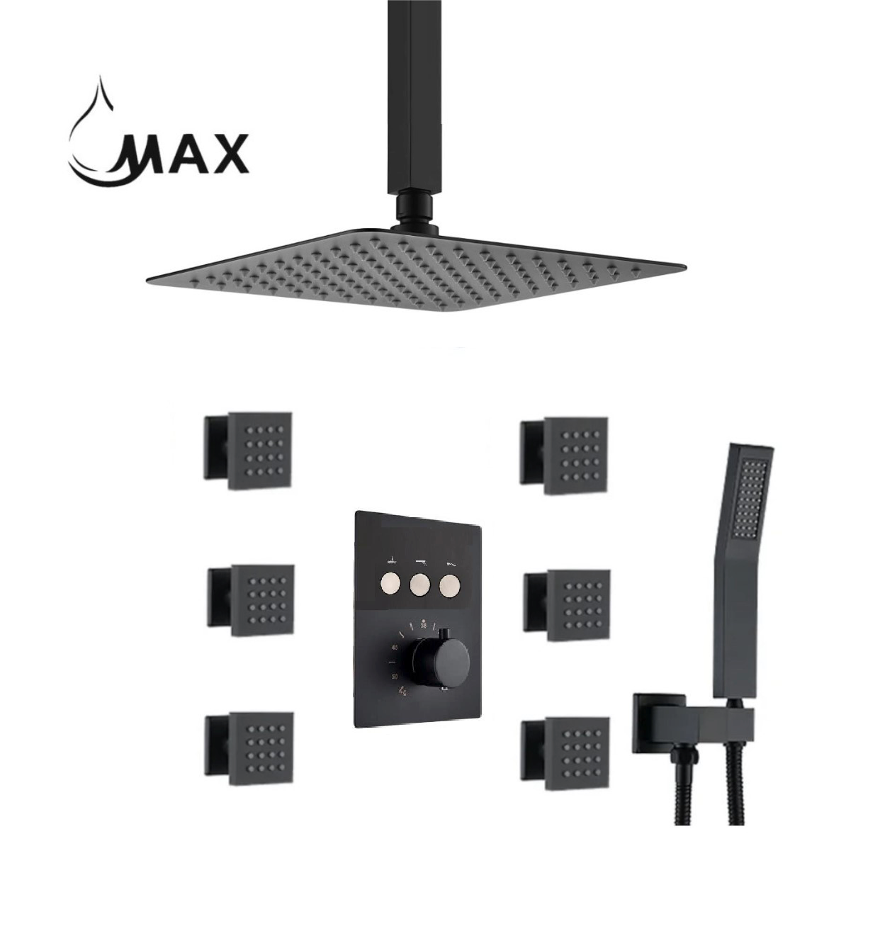 Ceiling Thermostatic Shower System Three Function Handheld With 6 Body Jets and Valve Matte Black Finish