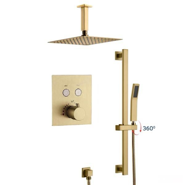 Ceiling Thermostatic Shower System Two Functions With Hand-Held Slide Bar and Pressure-Balance Valve Brushed Gold