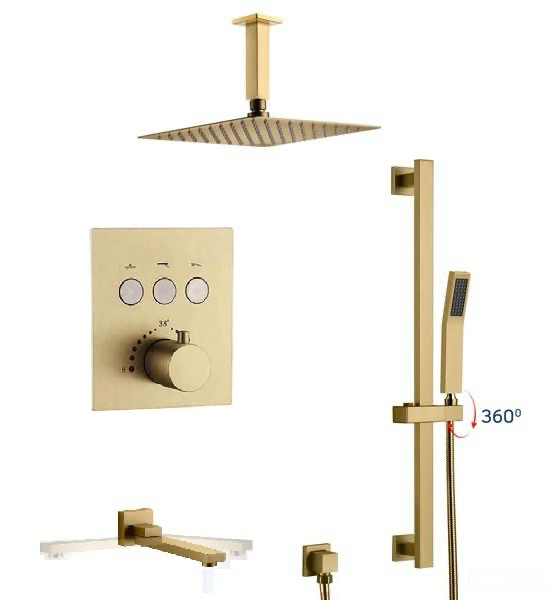 Ceiling Thermostatic Shower System Three Functions With Hand-Held Slide Bar and Pressure Balance Valve Brushed Gold Finish