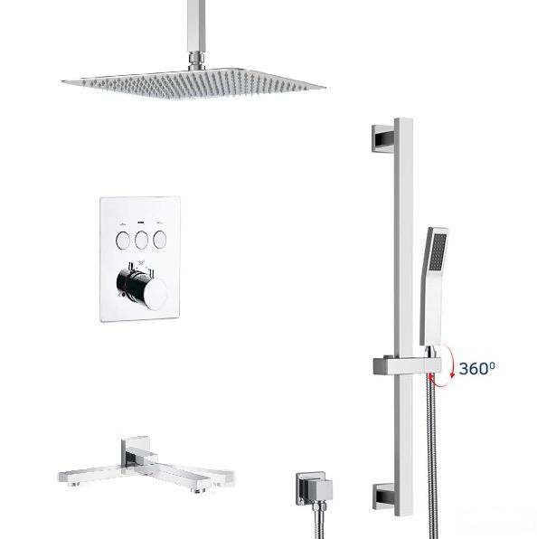 Ceiling Thermostatic Shower System Three Functions With Hand-Held Slide Bar and Pressure Balance Valve Chrome Finish