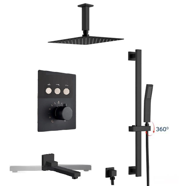 Ceiling Thermostatic Shower System Three Functions With Hand-Held Slide Bar and Pressure Balance Valve Matte Black Finish