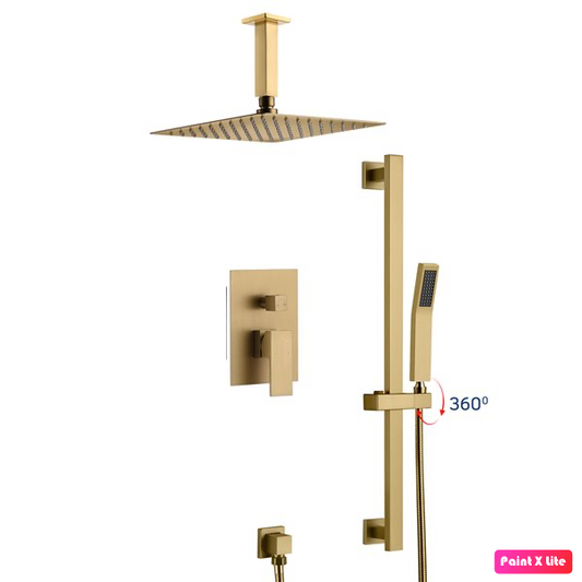 Ceiling Shower System Two Functions Hand-Held Slide Bar With Pressure Balance Valve Brushed Gold