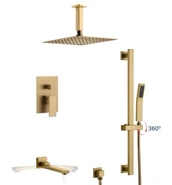 Ceiling Shower System Three Functions With Hand-Held Slide Bar and Pressure Balance Valve Brushed Gold Finish