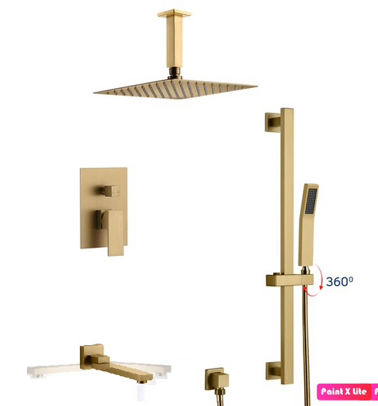 Ceiling Shower System Three Functions With Hand-Held Slide Bar and Pressure Balance Valve Brushed Gold Finish