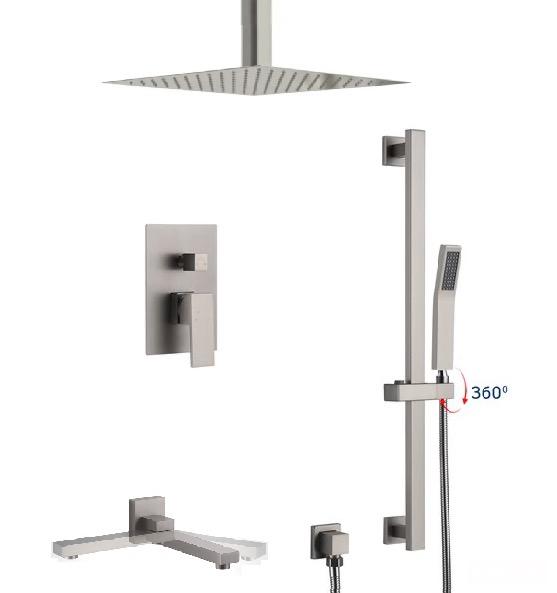 Ceiling Shower System Three Functions With Hand-Held Slide Bar and Pressure Balance Valve Brushed Nickel Finish