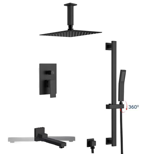 Ceiling Shower System Three Functions With Hand-Held Slide Bar and Pressure Balance Valve Matte Black Finish