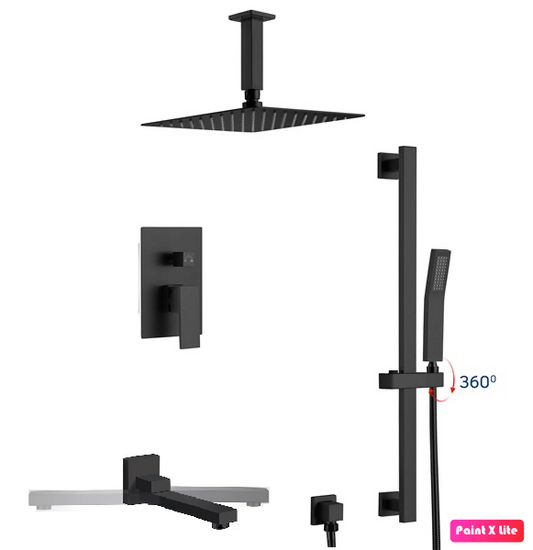 Ceiling Shower System Three Functions With Hand-Held Slide Bar and Pressure Balance Valve Matte Black Finish