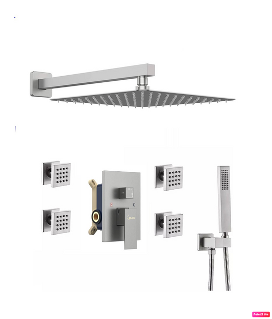 Wall Mounted Shower System Set Three Functions With 4 Body Jets and Pressure Balance Valve Brushed Nickel Finish