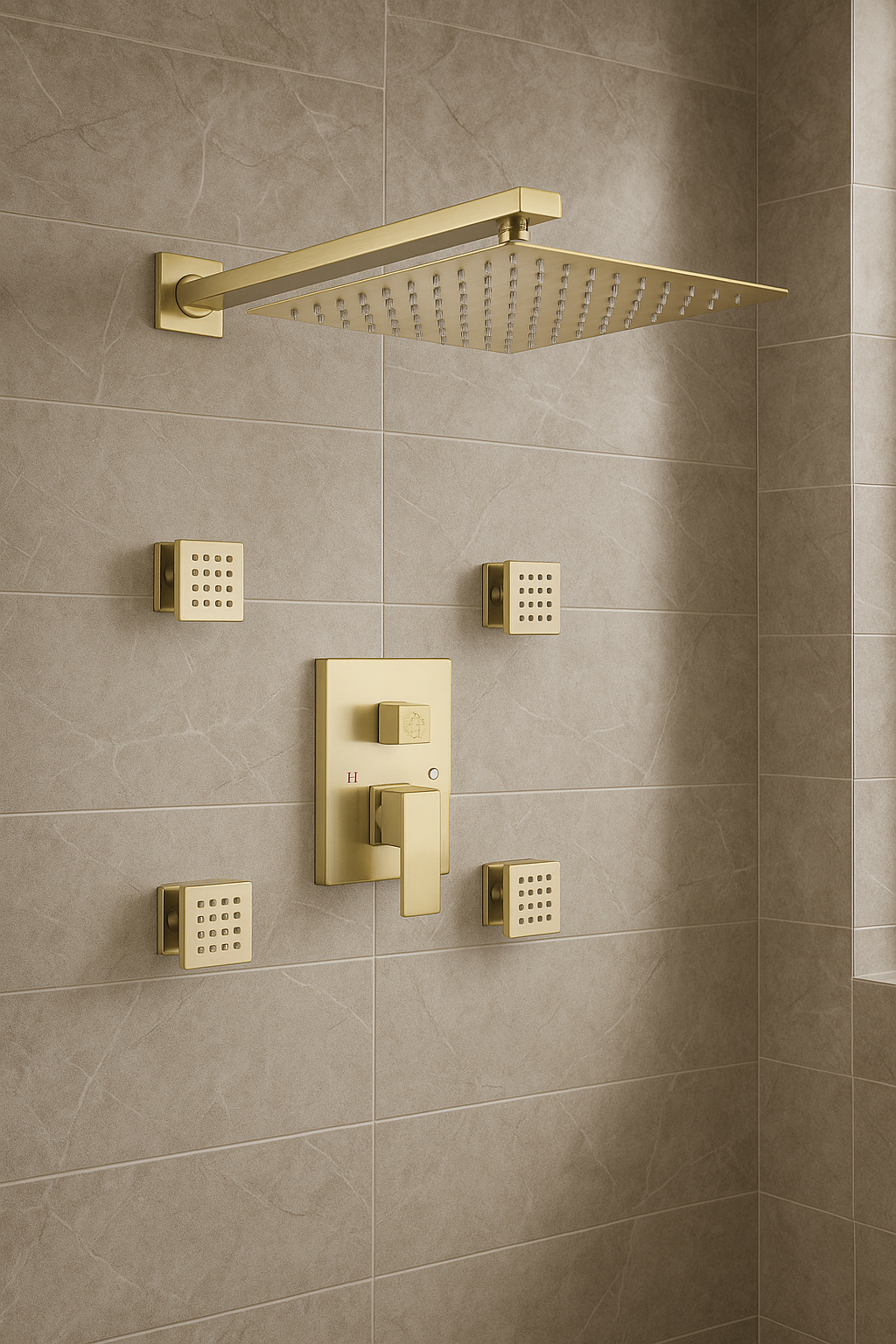 Wall Mounted Shower System Set Two Functions With 4 Body Jets  Brushed Gold Finish