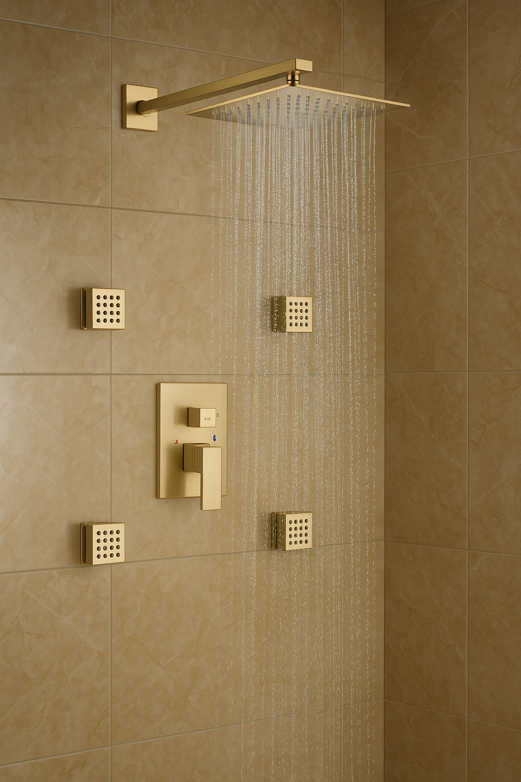 Wall Mounted Shower System Set Two Functions With 4 Body Jets  Brushed Gold Finish