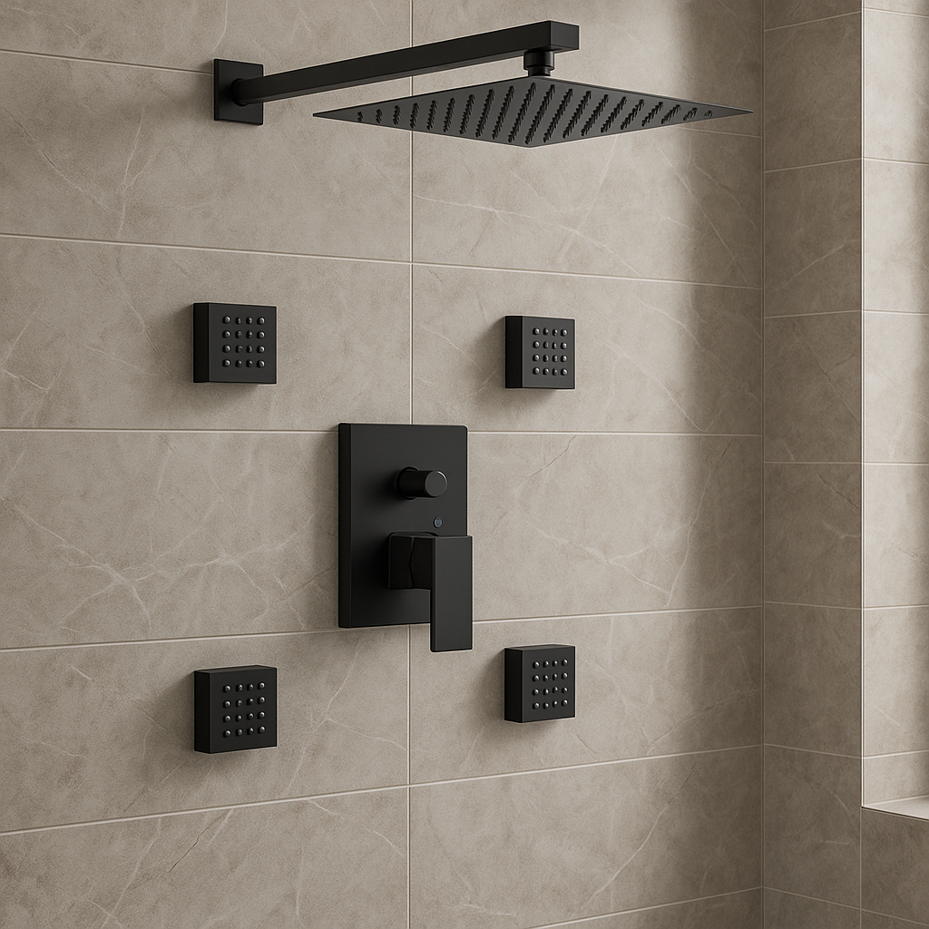 Wall Shower System Set Two Functions With 4 Body Jets Matte Black Finish