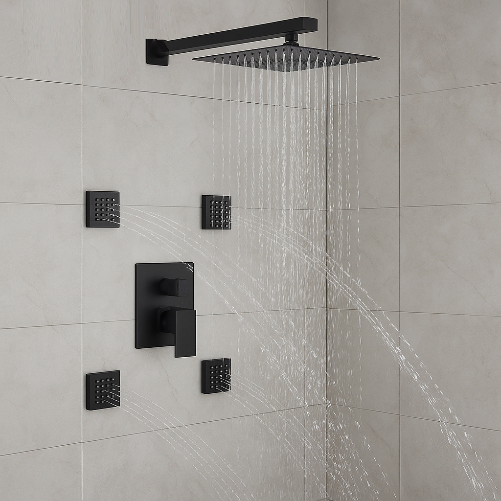 Wall Shower System Set Two Functions With 4 Body Jets Matte Black Finish