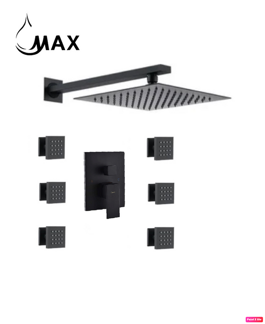 Wall Shower System Set Two Functions With 6 Body Jets Matte Black Finish