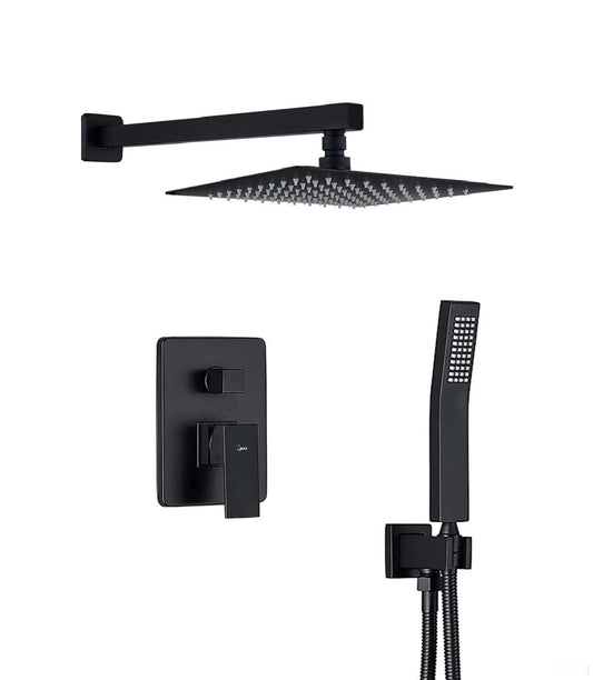 Square Shower System Set Two Functions With Pressure-Balance Valve Matte Black Finish