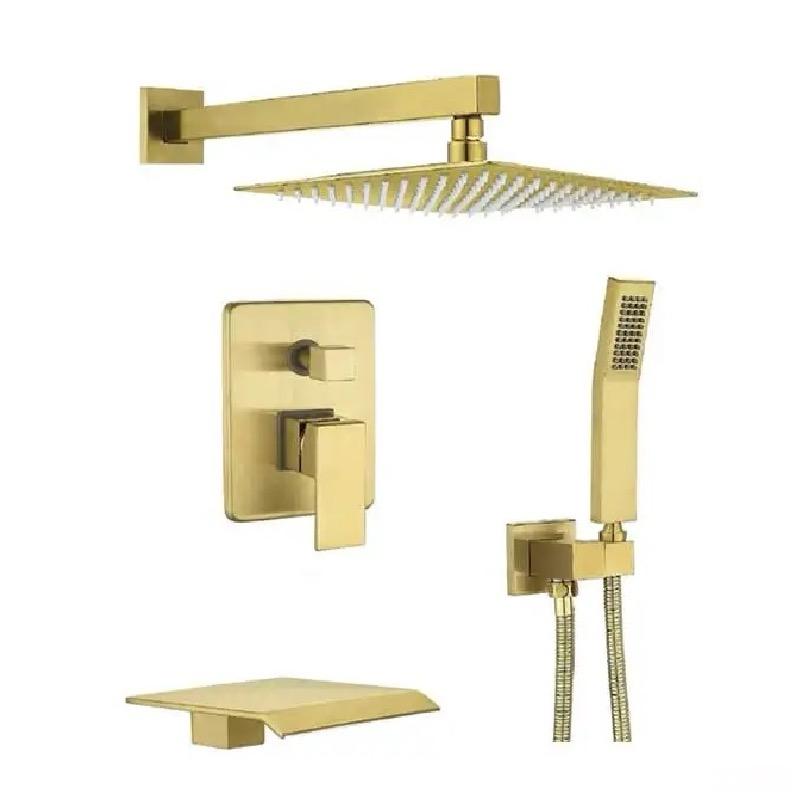 Tub Shower System Set – Three Functions with Waterfall Spout | Brushed Gold Finish