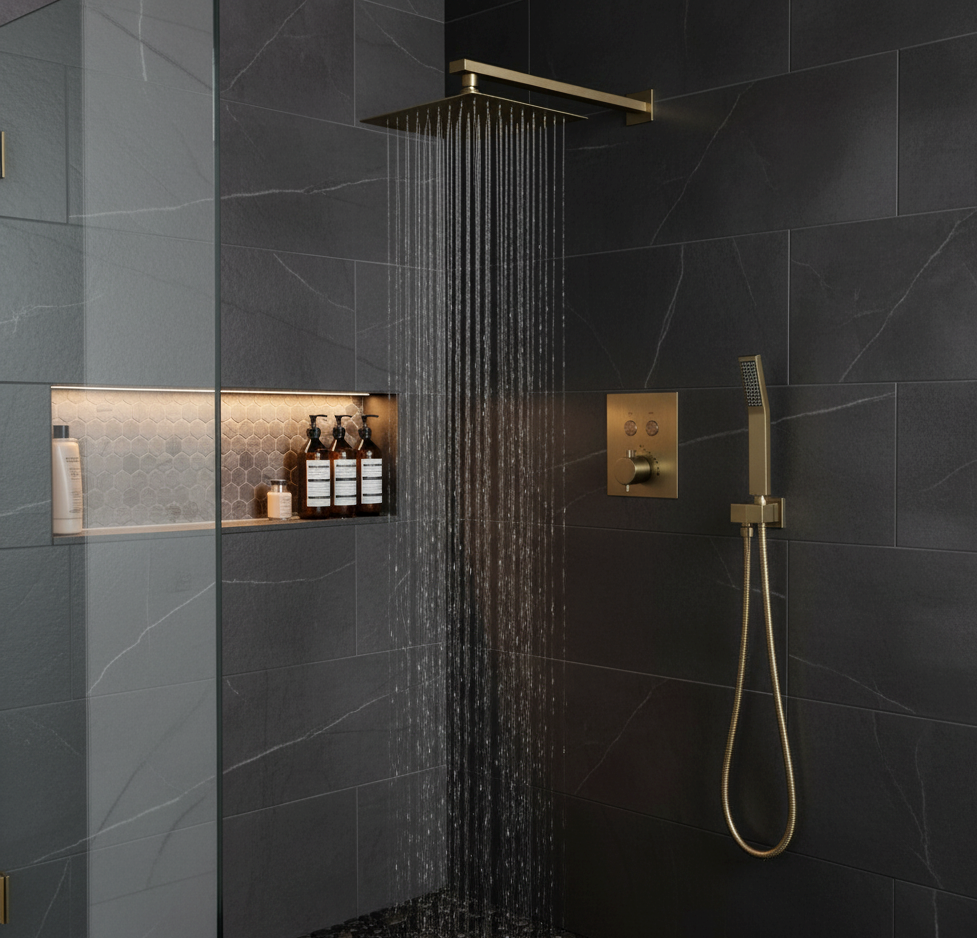 MAX Faucets | Thermostatic Shower System Set Two Functions With Push-Buttons and Pressure balance Valve Brushed Gold Finish