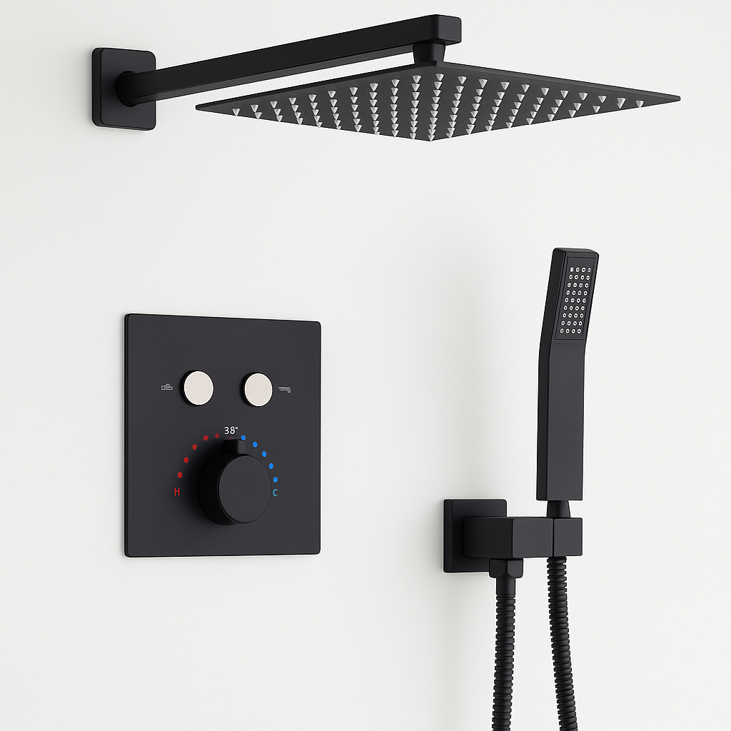 MAX Faucets | Thermostatic Shower System Two Functions With Push-buttons Pressure-Balance Valve Matte Black Finish
