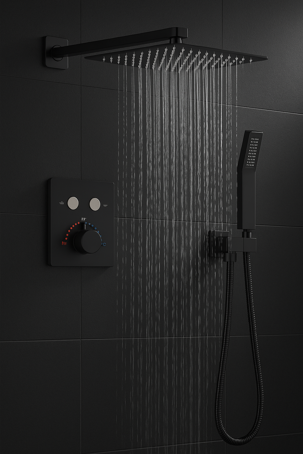 MAX Faucets | Thermostatic Shower System Two Functions With Push-buttons Pressure-Balance Valve Matte Black Finish
