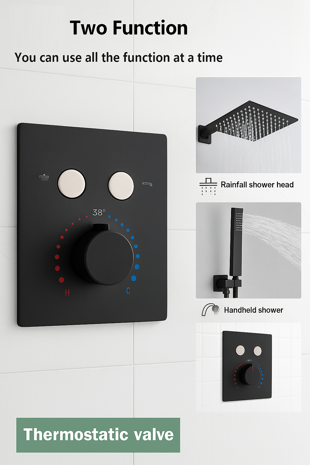 MAX Faucets Thermostatic Shower System Two Functions With Push-Buttons Pressure-Balance Valve Matte Black Finish