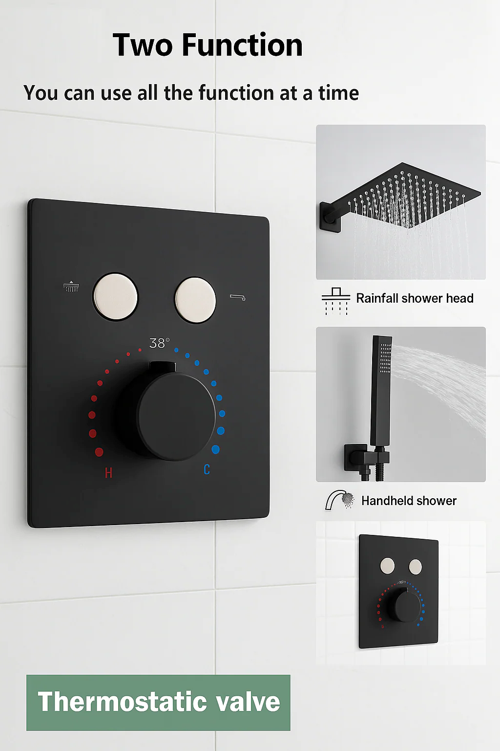 Thermostatic Shower System Two Functions With Push-buttons Pressure-Balance Valve Matte Black Finish