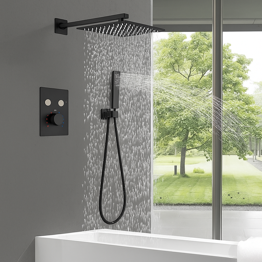 Thermostatic Shower System Two Functions With Push-buttons Pressure-Balance Valve Matte Black Finish