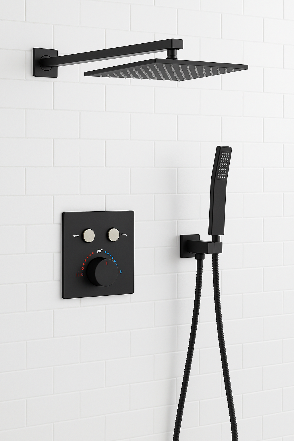 Thermostatic Shower System Two Functions With Push-buttons Pressure-Balance Valve Matte Black Finish
