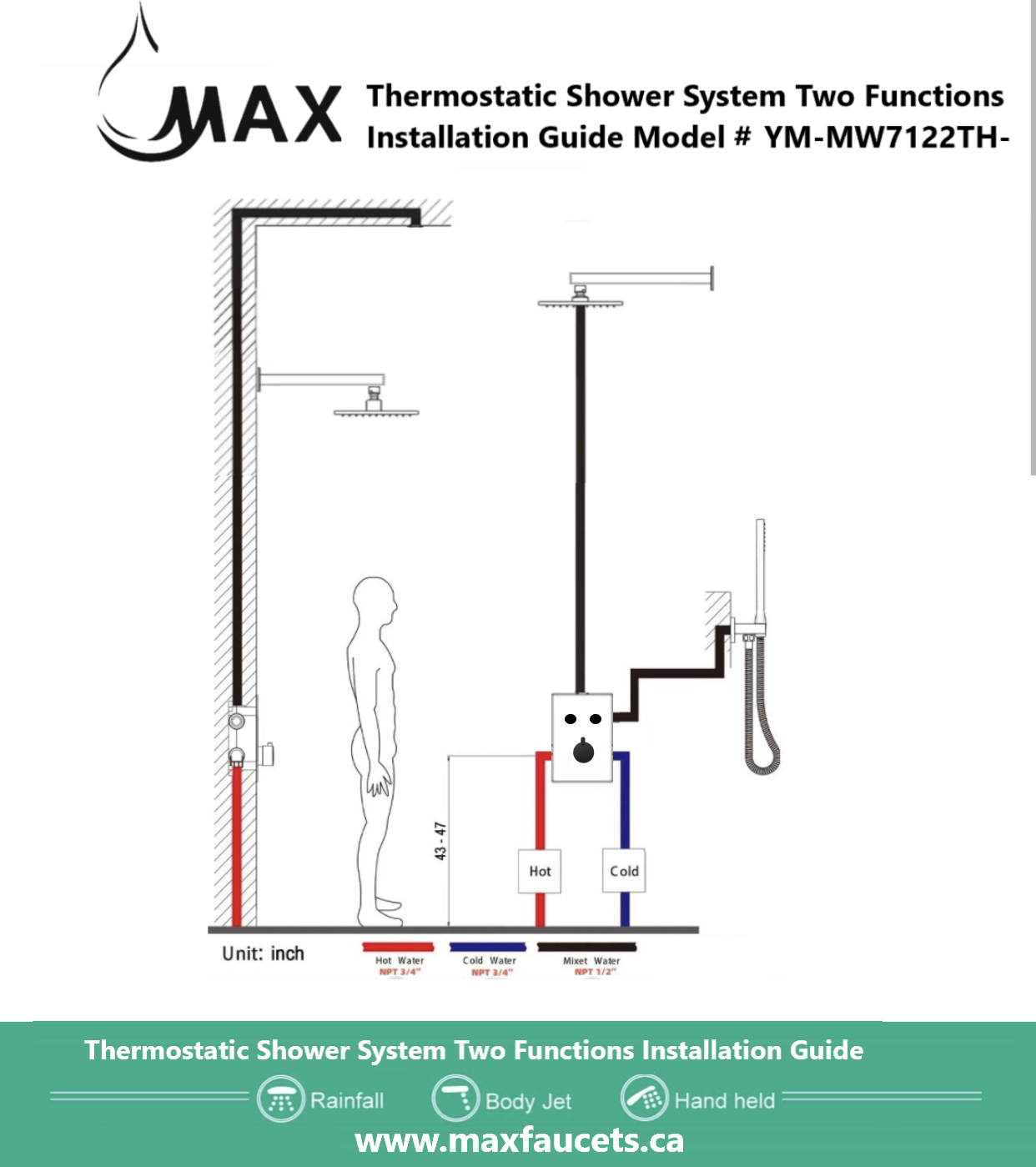 Thermostatic Square Shower System Two Functions With Valve Matte Black Finish