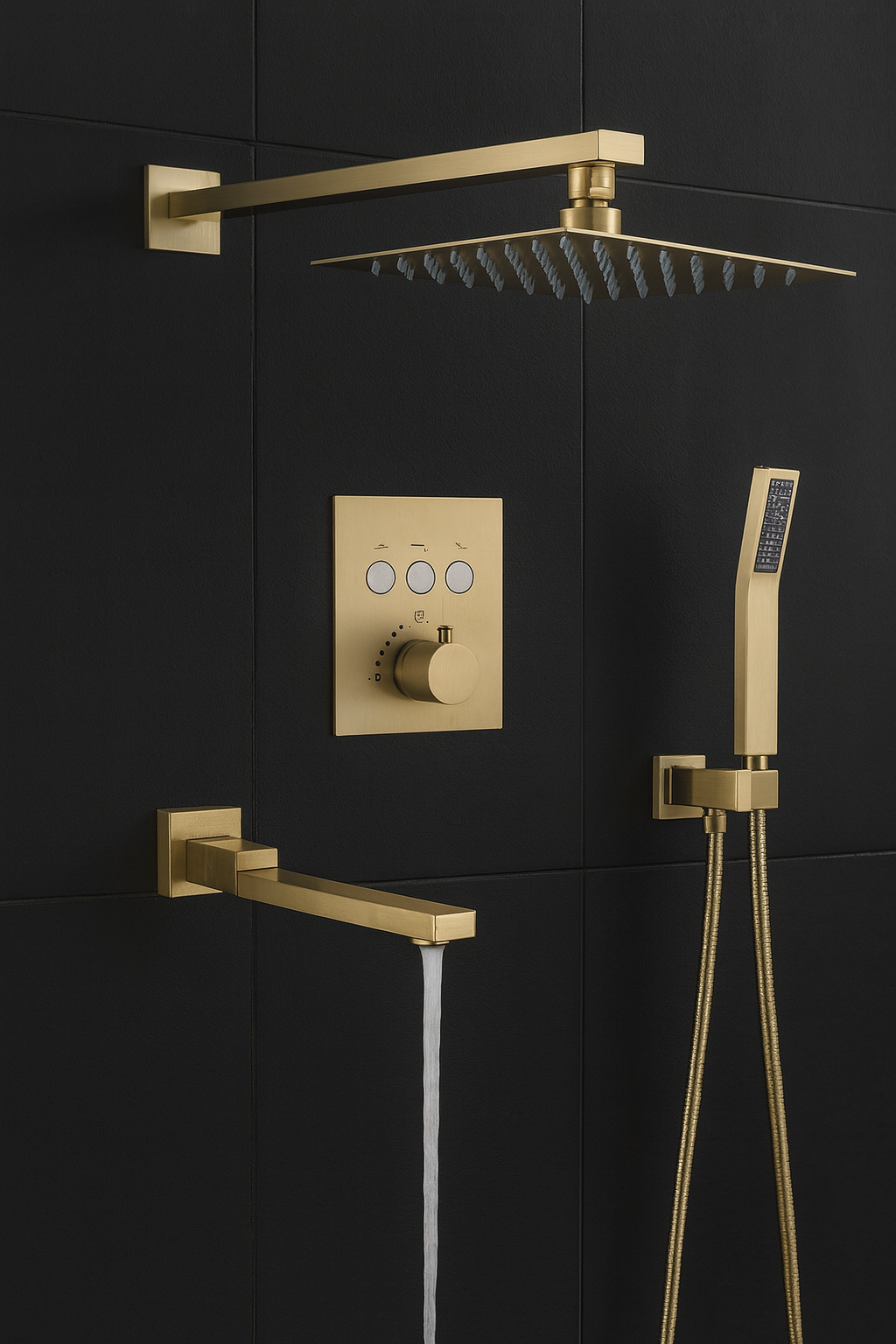 Thermostatic Shower System Set – 3-Function Push-Button Shower with Pressure Balance Valve (Brushed Gold)