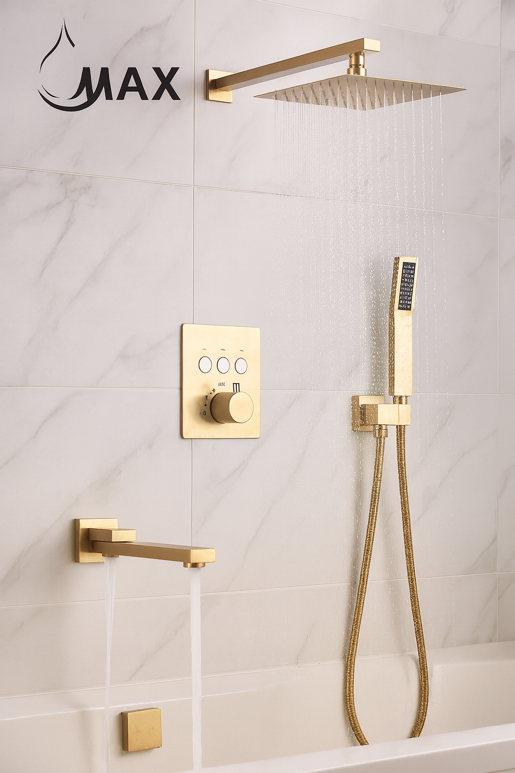 Thermostatic Shower System Set – 3-Function Push-Button Shower with Pressure Balance Valve (Brushed Gold)