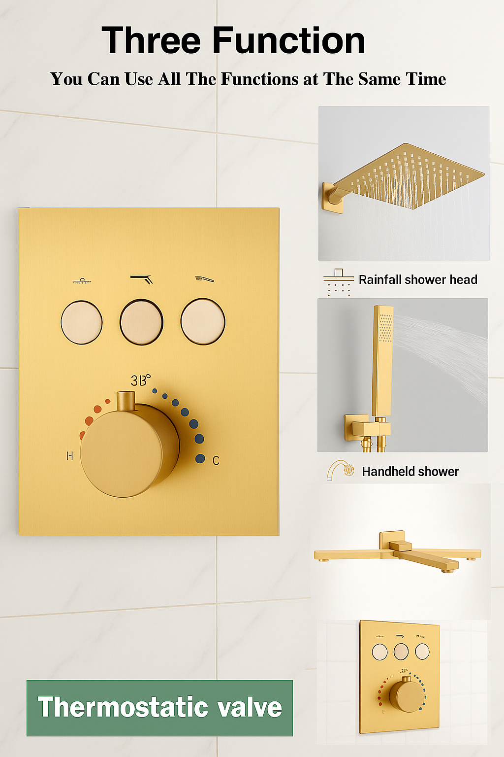 Thermostatic Shower System Set – 3-Function Push-Button Shower with Pressure Balance Valve (Brushed Gold)