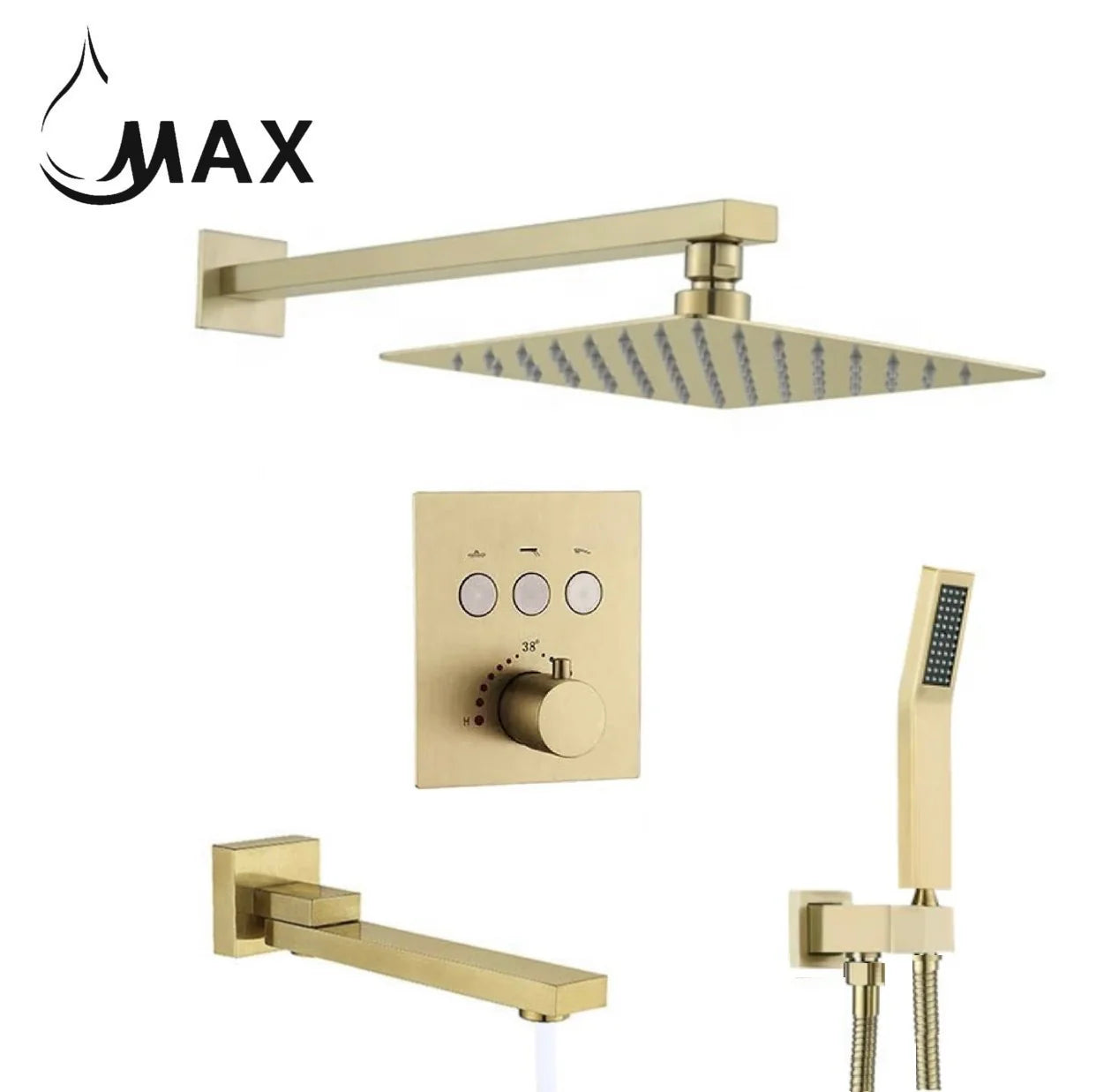 Thermostatic Shower System Set – 3-Function Push-Button Shower with Pressure Balance Valve (Brushed Gold)