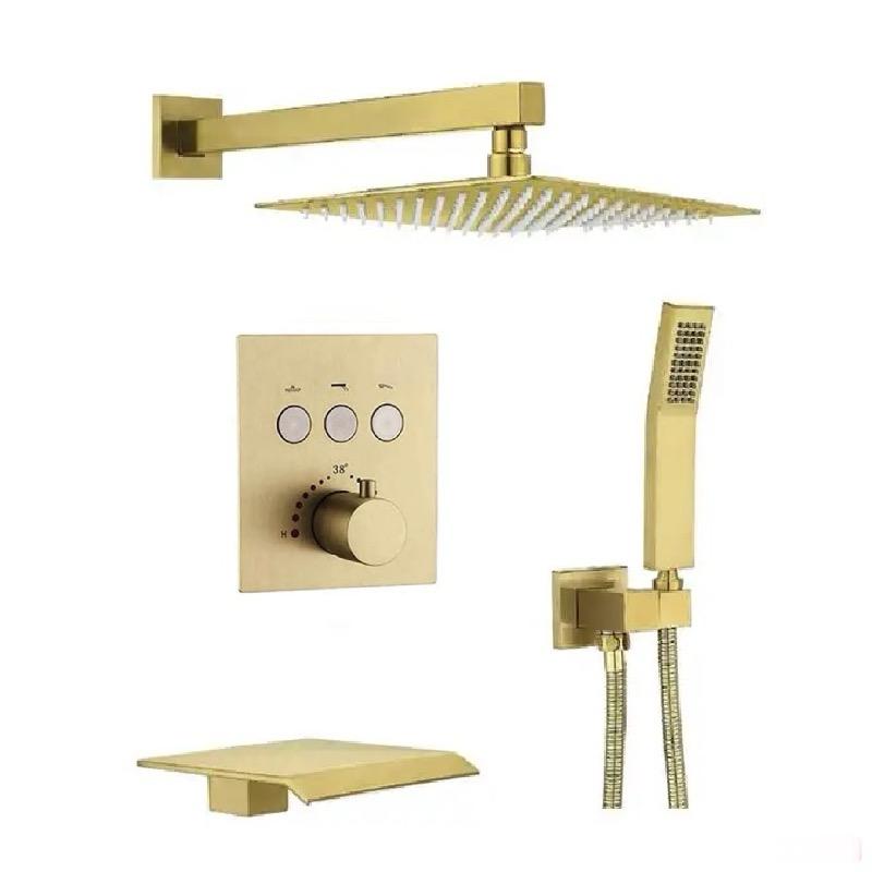 Waterfall Spout Thermostatic Shower System Set Three Function With Pressure Balance valve Brushed Gold