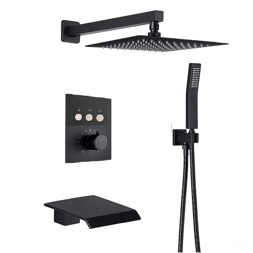 Waterfall Spout Thermostatic Shower System Set Three Function With Pressure Balance valve Matte Black