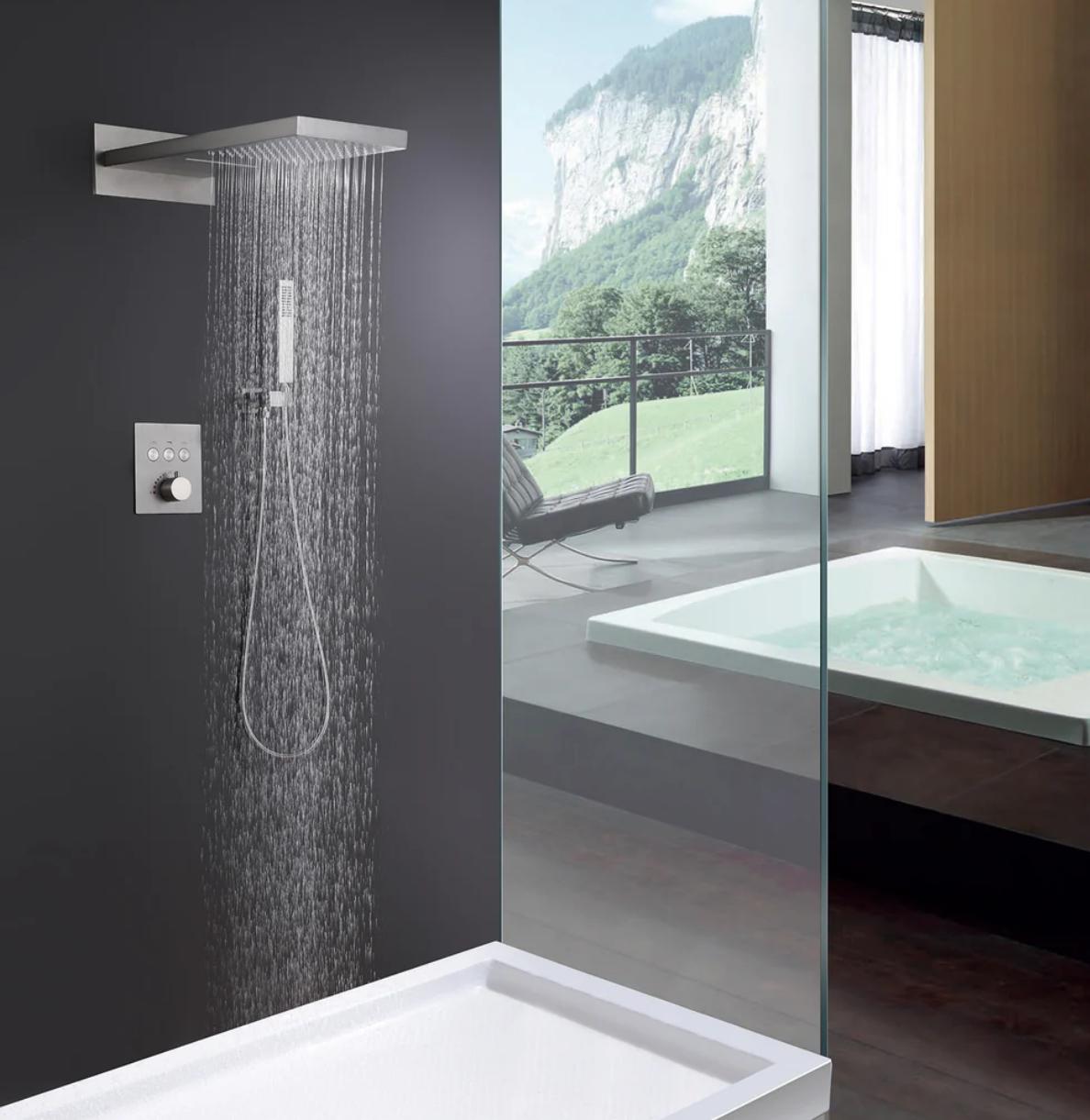 Thermostatic Shower System Set – Waterfall & Rainfall Showerhead, Three Functions with Pressure Balance Valve (Brushed Nickel) | MAX Faucets