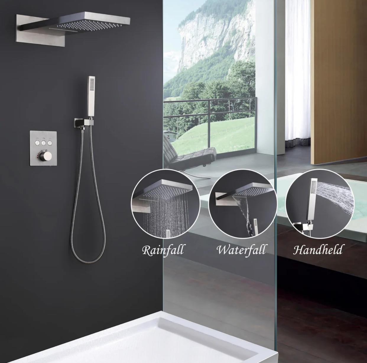 Thermostatic Shower System Set – Waterfall & Rainfall Showerhead, Three Functions with Pressure Balance Valve (Brushed Nickel) | MAX Faucets