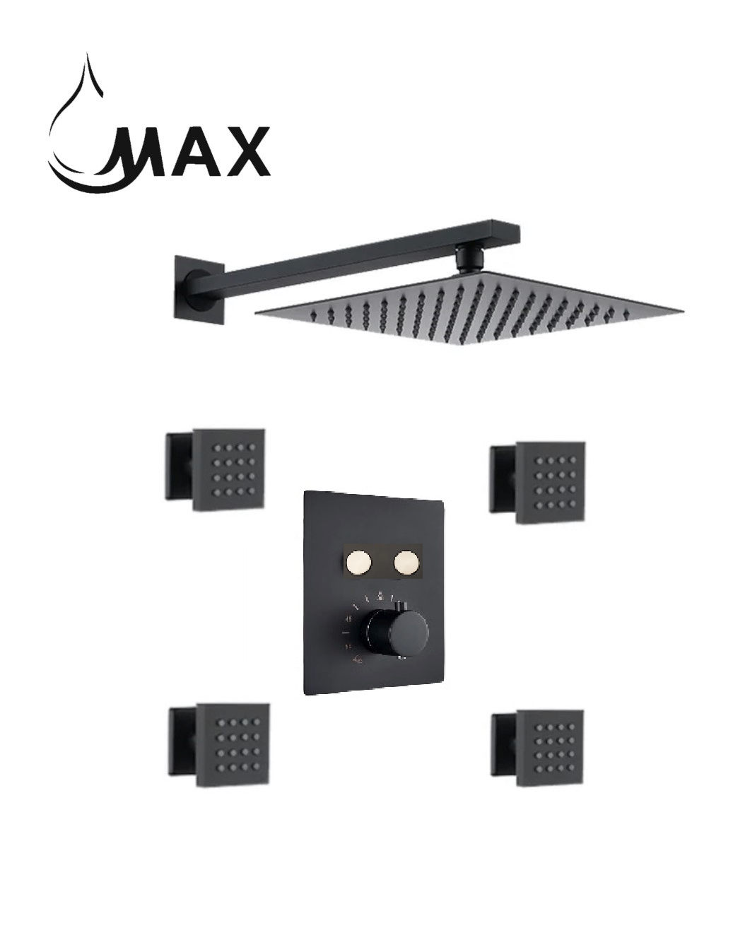 Thermostatic Shower System Two Function With 4 Body Jets and Valve Matte Black Finish