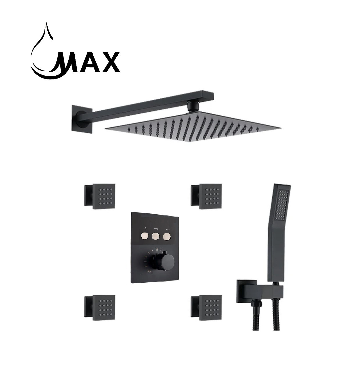 Thermostatic Shower System Three Function Handheld With 4 Body Jets and Valve Matte Black Finish