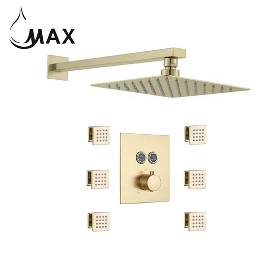 Thermostatic Shower System Two Function With 6 Body Jets and Valve Brushed Gold Finish