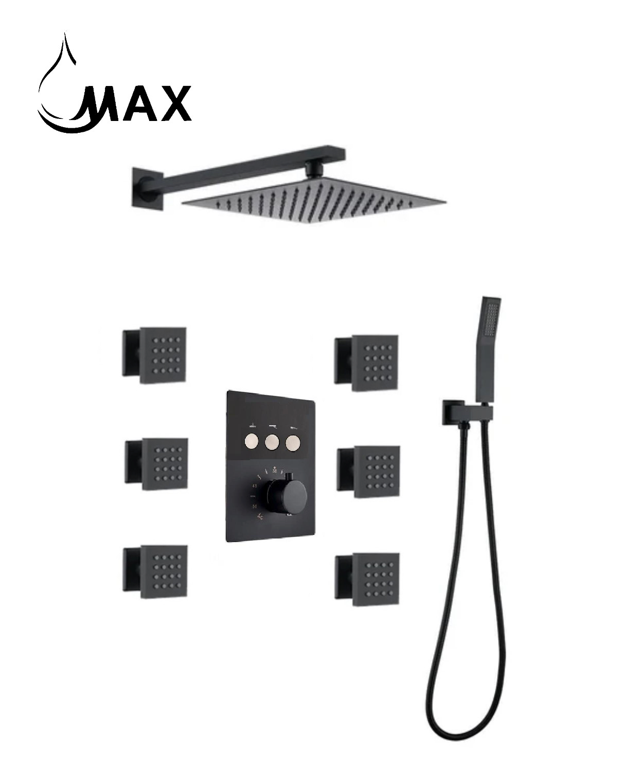 Thermostatic Shower System Three Function Handheld With 6 Body Jets and Valve Matte Black Finish