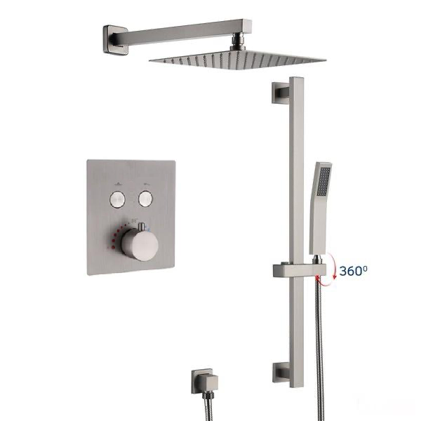 Thermostatic Shower System Two Functions WithPush-buttons and Hand-Held Slide Bar, Pressure-Balance Valve Brushed Nickel