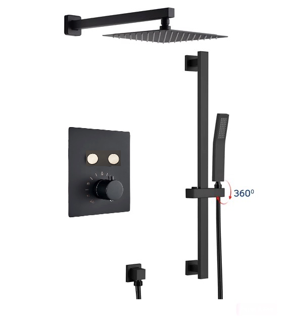 Thermostatic Shower System Two Functions With Push Buttons and Hand-Held Slide Bar, Pressure-Balance Valve Matte Black Finish