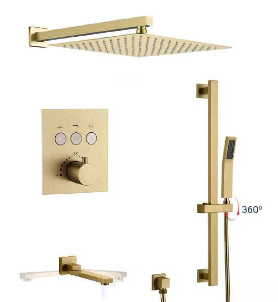 Thermostatic Shower System Three Functions With Hand-Held Slide Bar and Pressure Balance Valve Brushed Gold Finish