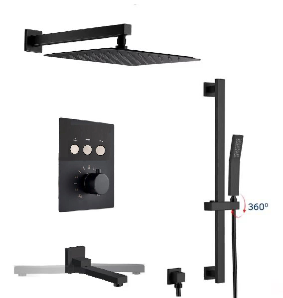 Thermostatic Shower System Three Functions With Hand-Held Slide Bar and Pressure Balance Valve Matte Black Finish